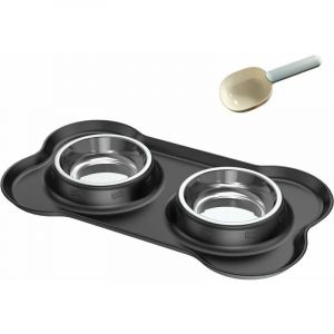2x400ML Gamelle pour Petit Chat et Chien, Gamelle en Acier Inoxydable Anti-derapante Anti-debordement et Anti-deversant, Bol Double inox avec Tapis