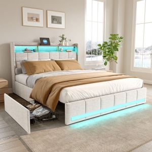 Lit 140x190 cm,lit adulte 140x190 cm,lit 140x190 avec rangement,lit double,avec lumières led, port de chargement, 4 tiroirs,lin,Beige