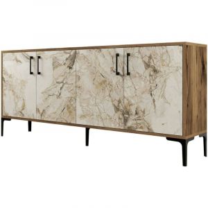 Dmora - Buffet Orionis, Buffet du salon, Commode de salon, Garde-manger de cuisine, 180x35h78 cm, Noyer et Marbre Blanc, avec emballage renforcé