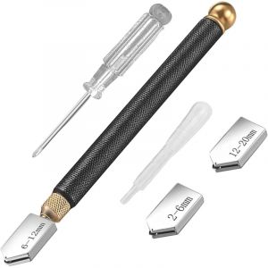 Coupe Verre 2 20 mm, Ensemble de 5 Pi&egrave;ces avec 3 T&ecirc;tes Interchangeables, Graisseur Automatique et Tournevis, Manuel Cutter en Forme de Crayon pour