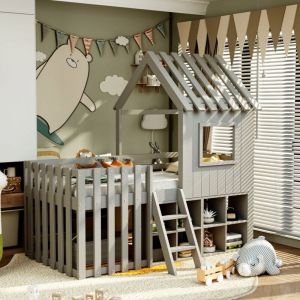 Tanant - Lit cabane 90x200cm, Lit enfant avec rangements ouverts, escalier, barrière antichute, structure en bois massif, Gris
