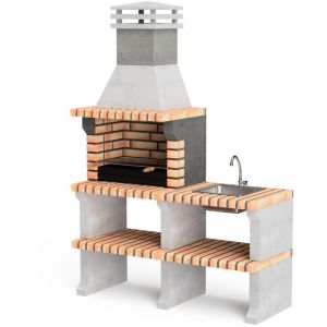 Movelar - Barbecue préfabriqué à bois et charbon en béton réfractaire modèle Liz Plus xl avec évier et robinet (Gris, Orange - 142 x 58 x 210 cm)