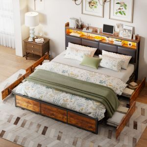 Lit Double 180x200, Lit 180x200 avec 4 Tiroir, Lit Adulte LED, Lit Capitonn&eacute; T&ecirc;te de Lit avec Rangement, Cadre de Lit Sommier &agrave; Lattes, Lit en Bois