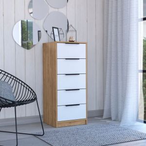Commode Kaia 5 tiroirs, avec poignées métalliques Blanc / Miel