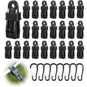 32 Pièces Attache Bache Piscine Set, 24 Pince pour Bache et 8 Mousqueton, Fixation Bache pour Camping, Carvanes, Pique-Nique