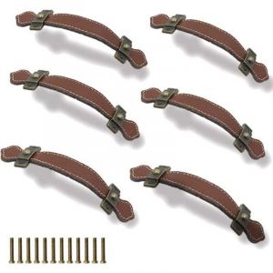 6 Pi&egrave;ces Poign&eacute;es Tiroir Cuir 128mm Poign&eacute;e de Valise Vintage Poign&eacute;e pour Meuble Armoire avec Vis Marron
