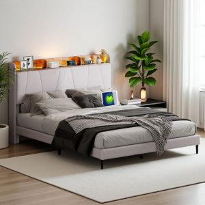 Lit 140x200cm - tissu lin, cadre de lit, tête de lit rangement avec 2 usb/ 1tpcy-c, , éclairage led, cadre à lattes, lit double, lit adulte - Gris