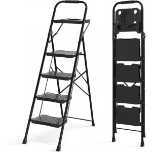 COSTWAY Escabeau M&eacute;tallique 4 Marches avec Plateau Porte-Outils, &Eacute;chelle Pliante avec P&eacute;dales Larges Antid&eacute;rapantes Patins, &Eacute;chelle Portable