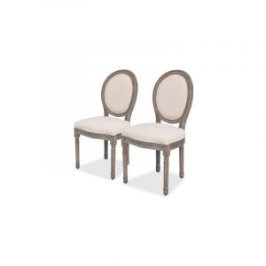 Chaise m&eacute;daillon lin beige et pieds bois massif clair Makin - Lot de 2