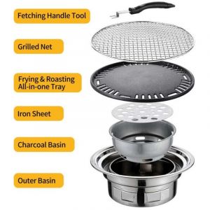 Barbecue cor&eacute;en multifonctionnel de 13 pouces, po&ecirc;le &agrave; charbon de bois rond, po&ecirc;le de camping, fumoir de table, filet grill&eacute; et plateau pour cour,