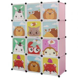 Jeobest - Armoires Etagères Plastiques - Penderie Plastiques Meuble Rangement 12 Cubes Modulables + 2 Tige de suspension Rose