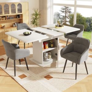 Table de salle à manger 140 cm, rectangulaire, extensible, avec porte en verre, poignée en métal, cadre en métal, rangement, bureau en bois - Blanc