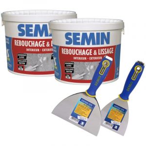 Lot de 2 enduits de rebouchage en p&acirc;te sp&eacute;cial fissures et trous de vis Semin int&eacute;rieur/ext&eacute;rieur - Seau de 4 kg, un couteau &agrave; enduire - 10 cm et un