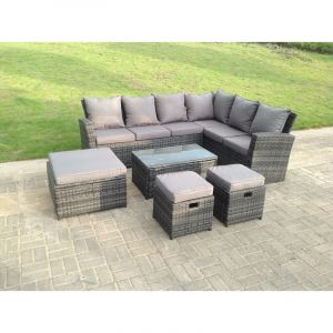 Fimous - 9 Places Haut Dossier Rotin Meubles De Jardin Set Canapé D'angle Avec Table Basse Rectangulaire Et 3 Repose - Pieds