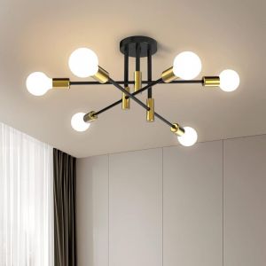 Moderne Plafonnier Industriel Vintage, E27 Lampe de Plafond avec 6-Lumi&egrave;res, Lustre Luminaire en M&eacute;tal pour Salon, Chambre, Cuisine, Bar, Caf&eacute;, Noir
