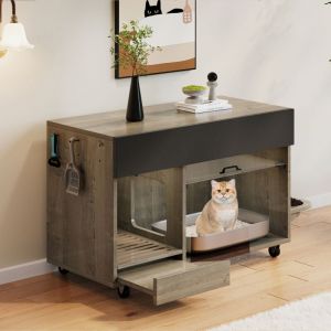 Buffet mobile 100x45.5x67 cm - Plateau clapant anti-sable amovible - 2 gamelles pour chat - 1 tiroir+2 portes - Naturel