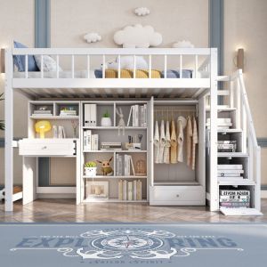 Lit mezzanine escalier,Lit mezzanine 90 x 200 avec grande armoire, table, rangements,escalier,lit mezzanine avec bureau,lit mezzanine 1 places,bois