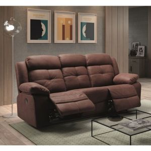 Pegane - Canap&eacute; de 3 places, 2 relax &eacute;lectriques en tissu couleur Chocolat fil d'or - Longueur 217 x Profondeur 90 x Hauteur 104 cm