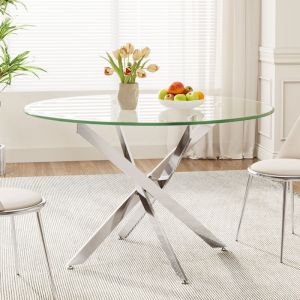 Table &agrave; Manger en Verre Ronde pour 4 Personnes 90&times;90&times;75 cm Pieds M&eacute;tal pour Salon Cuisine Salle &agrave; manger Argent