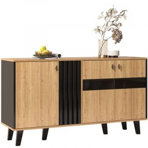Buffet de 140 x 78,5 x 41 cm, buffet design assorti en bois et noir avec espace de rangement, placard avec &eacute;clairage LED et vitre, usage polyvalent