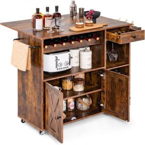 Costway - Desserte sur roulettes Industriel, Chariot d'îlot de Cuisine en Bois avec Plans de Travail Rabattable, Casier à Vin, Placard Étagère