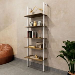 Komo - Étagère Bibliothèque Murale 60x185x30 cm avec 5 Étagères en Bois Oak et Structure en Métal Blanco