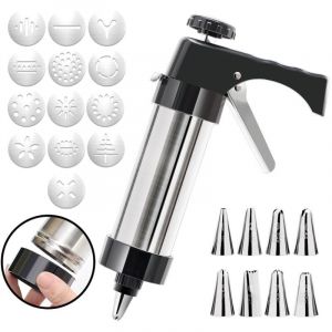 Pistolet &agrave; Patisserie, Presse &agrave; P&acirc;tisserie en Acier Inoxydable, Machine &agrave; Biscuits, Presse &agrave; Biscuits Avec 13 Gabarits, 8 Douilles, Machine &agrave;