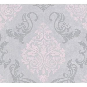 Papier peint baroque Profhome 953726 papier peint intiss&eacute; l&eacute;g&egrave;rement textur&eacute; au style baroque satin&eacute; gris argent rose 5,33 m2