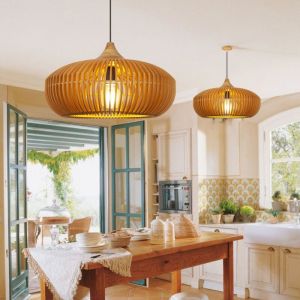 Arturesthome - Suspension Luminaire, Éclairage Intérieur, Abat-jour Tambour, Bois, Douille E27, Naturel, Lampe Plafond Suspendue en Bois Style
