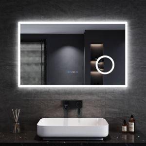 Sirhona - Miroir lumineux de salle de bain, miroir led mural de 100x60 cm anti-buée avec miroir grossissant 3 fois, horloge numérique à led tricolore