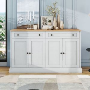 Buffet 150x40x86 cm, avec 4 portes, 2 tiroirs, poignées vintage, style scandinave, pour salle à manger et salon - Naturel