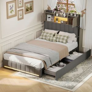 Lit simple 90x200 cm, 1 places, avec 2 tiroirs de rangement, LED, 2 portes, &eacute;tag&egrave;res, USB-A/C, sommier &agrave; lattes en bois, cadre en m&eacute;tal, lit