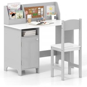 COSTWAY Bureau Enfant Gar&ccedil;on Fille avec Chaise & Biblioth&egrave;que & Tableau d'Affichage, Table Enfant en Bois avec &Eacute;tag&egrave;re & Armoire de Rangement, Charge