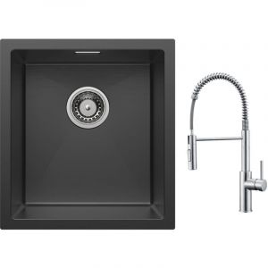 Cecipa - vier 1 Bac 40x44cm Noir &Eacute;vier de Cuisine &Eacute;vier Inox + Mitigeur de Cuisine &agrave; Ressort avec Douchette Extractible, Robinet Evier 2 Modes de