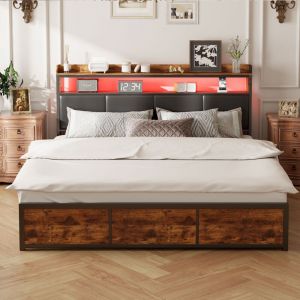 Lit Double 160x200, Lit 160x200 avec 4 Tiroir, Lit Adulte LED, Lit Capitonn&eacute; T&ecirc;te de Lit avec Rangement, Cadre de Lit Sommier &agrave; Lattes, Lit en Bois