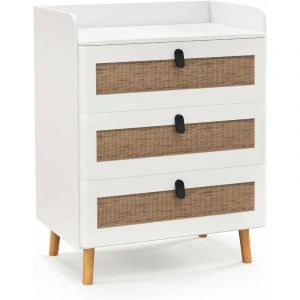 Commode 3 Tiroirs, Commode Chambre Adulte Pieds en Bois Massif, Poignée Noir Design, Tiroir en Rotin Bohème, Petite Commode Scandinave, Blanc (3