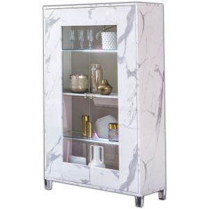 Vitrine 2 portes &agrave; Led bois blanc effet marbre vernis et verre tremp&eacute; Botela 100cm