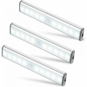 Lot de 3 Lampes 10 led, Sans Fil, Rechargeable par usb, Aimant&eacute;, D&eacute;tecteur de Mouvement, 2 Modes d'&Eacute;clairage, Portable. Lumi&egrave;re de Placard, Baladeuse