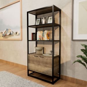 Frankystar - Edo - Étagère Bibliothèque Murale 76x162,5x33,5 cm 3 Étagères avec Meuble 2 Portes en Bois Bleach Structure en Métal Noir