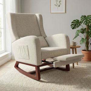 Fauteuil &agrave; Bascule avec Repose-pieds R&eacute;tractable, 99x64x67cm, Rocking Chair de Salon avec Poches Lat&eacute;rales, Fauteuil Relax Rembourr&eacute;, Pieds en Bois,