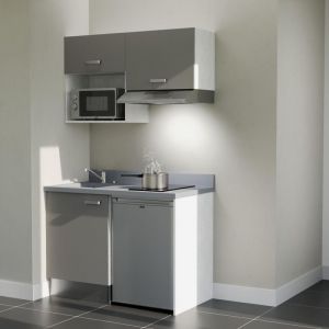 Kitchenette K02L - 120 cm - plan monobloc &eacute;vier int&eacute;gr&eacute; Cromo- &eacute;vier &agrave; gauche - Fa&ccedil;ades Gris + Electrom&eacute;nager inclus coloris Inox