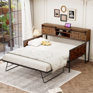 Lit enfant 90x200 cm avec lit gigogne 90x190 cm, compartiments de rangement, prise &eacute;lectrique et ports USB-Type-C, sans matelas, marron