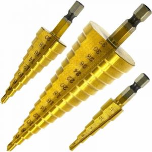 SNQ - Coffret de forets pour perceuse Set de 3 Foret Fraise Meche Etage, hss Inox Metal, 4-12/20/32mm, Triangle Conique Titane, avec Tige Hexagone,