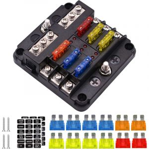 Longziming - Bloc-fusibles étanche 4 × 6 voies,Fusible pour voiture,Porte Fusible Blocs Fusible Lame avec 16 Fusibles 6 Voyants led Couvercle de