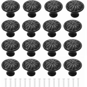 Bouton de Porte Noir 16Pcs Poignee de Meuble Cuisine Boutons de Tiroir Boutons de Placard Vintage Ronds Poign&eacute;es Bouton de Meuble Avec Vis Pour