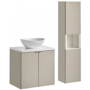 Ensemble AOKI : meuble sous vasque &agrave; placards 60cm + plan vasque blanc + vasque blanche ronde &agrave; poser + colonne