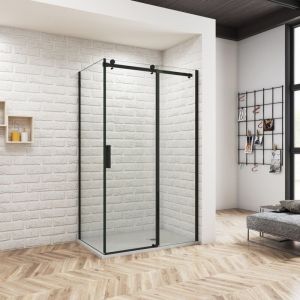 Océan Cabine de douche coulissante 140x80x200cm - Verre anticalcaire 8mm, profil noir mat avec porte + paroi latérale
