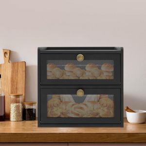 Bo&icirc;te &agrave; pain &agrave; 2 &eacute;tages avec planche &agrave; d&eacute;couper, rangement en bois pour cornes et petits pains, cuisine, noir, 36,5 x 24 x 34 cm