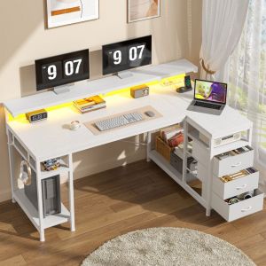 Klyvvo 140x80cm - 3 Tiroirs Bureau d'angle avec Rangement - Grand Bureau Gaming en L avec LED - Support d'&eacute;cran - Port de Chargement USB et Prise de