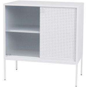 Commode HHG-455, armoire buffet haut, rangements industriels portes coulissantes m&eacute;tal 85x80x45cm, blanc